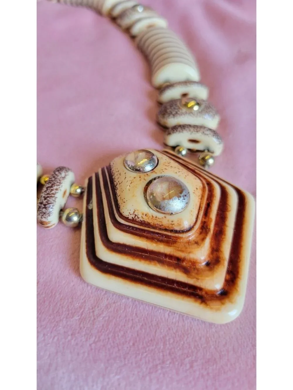 Vintage 70's Cream and Brown Geometric Gold Tone Statement Necklace N1F
